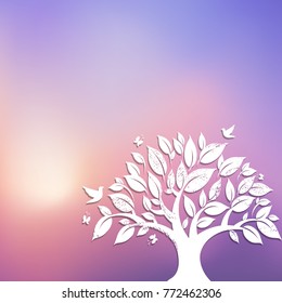 Paper Tree And Bird Background, Sky And Sun
