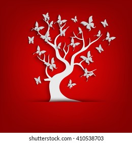 Paper tree and butterflies on red background.Vector