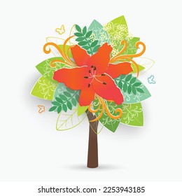 Paper tree with green leaves. Colorful, bright flowers are cut out of paper on wood. Ecological concept isolated on white background. Vector