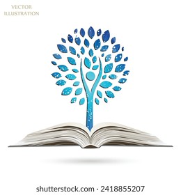 Paper tree growing from an open book. Ecologically clean world. Sun Sunburst Pattern. Sunbeam ray pattern sunburst background. Bright yellow, blue, red, orange, green color explosive background.