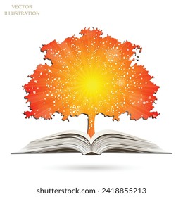 Paper tree growing from an open book. Ecologically clean world. Sun Sunburst Pattern. Sunbeam ray pattern sunburst background. Bright yellow, blue, red, orange, green color explosive background.