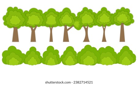 paper tree set and paper bushes Set apart on white background, vector illustration.