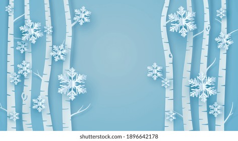 Paper tree, snow and origami Ice flakes on light blue background
Vector illustrator design in paper art concept.