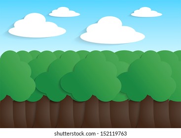 Paper tree sun and cloud on blue sky background, VECTOR, EPS10