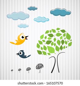 Paper Trees, Birds and Clouds on Cardboard