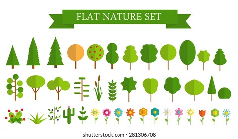 Paper Trendy Flat Trees And Flowers Set Vector Illustration EPS10