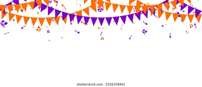 Cadena de banderines de triángulo de papel y decoración de confeti para la fiesta de Halloween de Anuncio. cumpleaños, celebración, carnaval, aniversario