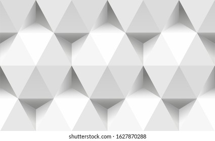 Paper triangles and hexagons seamless pattern. 3d abstract vector geometric texture of triangular, hexagonal and stars.Monochrome illustration with geometric shapes