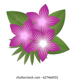 Paper tropical flowers. Purple flowers surrounded by green leaves