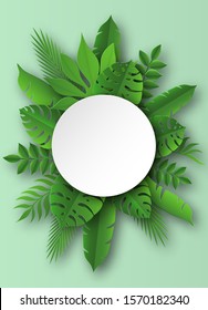 Paper Tropical Leaves. Papercut Summer Beach Exotic Pulm Decoration Vector Palm Leaf In Cut Round Banner