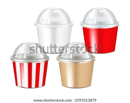 Paper tub cup with clear plastic dome lid. 3d mockup set. White, red, striped, kraft. Easy editable template. Takeout bowl. Paperboard takeaway to go food round container. Realistic vector mock-up