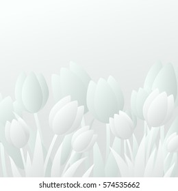 Paper tulips on white background. Greeting card