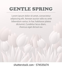 Paper tulips on white background. Greeting card with place for your text