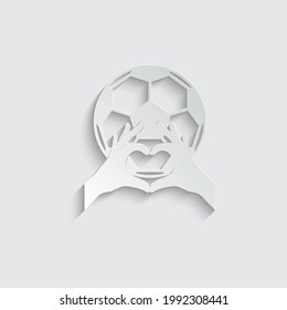 paper paper Two hands in the form of a heart   with soccer ball icon or football sign 