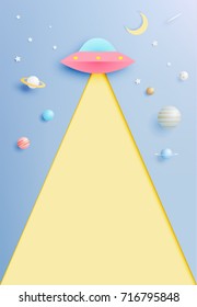 Paper UFO Beam And Solar System Paper Art With Pastel Tone Background Vector Illustration