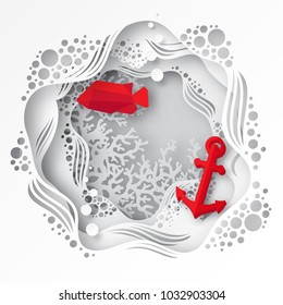 Paper underwater sea cave with coral reef, seabed in algae, fish, waves and sunken anchor. Paper cut deep style vector.  Deep blue marine life, diving concept. Ocean wildlife. Origami style