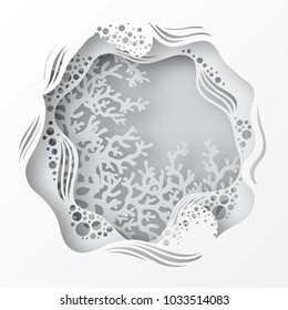 Paper underwater sea cave with coral reef, seabed in algae, waves. Paper cut deep style vector.  Deep blue marine life, diving concept. Ocean wildlife. Origami style