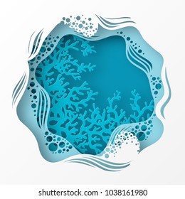 Paper underwater sea cave with coral reef, seabed in algae, waves. Paper cut deep style vector.  Deep blue marine life, diving concept. Ocean wildlife. Origami style