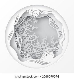 Paper underwater sea cave with coral reef, seabed in algae, waves. Paper cut deep style vector.  Deep blue marine life, diving concept. Ocean wildlife. Origami style