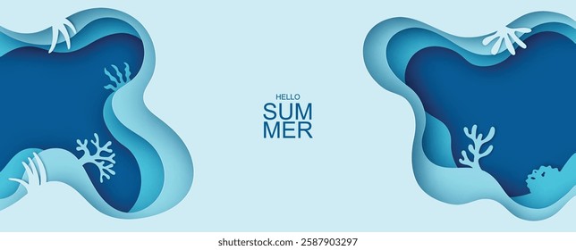 Paper underwater sea cave with coral reef, seabed in algae, waves and hello summer text. Undersea. paper cut and craft style. vector, illustration.