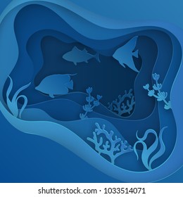 Paper underwater sea cave and fishes  coral reef  seabed in algae  waves  Paper cut deep style vector   Deep blue marine life  diving concept  Ocean wildlife