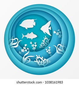 Paper underwater sea cave with fishes, coral reef, seabed in algae. Paper cut deep style vector.  Deep blue marine life, diving concept. Ocean wildlife