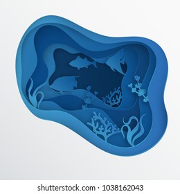 Paper underwater sea cave with fishes, coral reef, seabed in algae, waves. Paper cut deep style vector.  Deep blue marine life, diving concept. Ocean wildlife