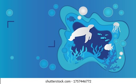 Paper underwater sea cave with fishes, coral reef, seabed in algae, bubbles and waves.Deep blue marine life, diving concept. Ocean wildlife