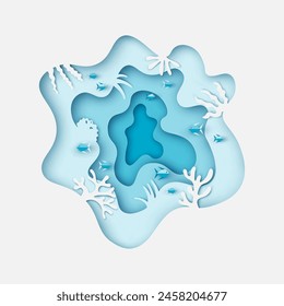 Paper underwater sea cave with fishes, coral reef, seabed in algae and waves. Undersea. paper cut and craft style. vector, illustration.