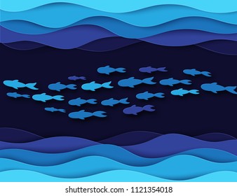 Paper underwater sea cave with jamb of fishes and sea waves. Paper cut deep style vector.  Deep blue marine life, diving concept. Ocean wildlife 