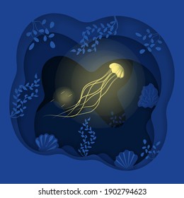 Paper underwater sea cave with jellyfish, seaweed, shells. Glowing jellyfish. The bottom of the sea. Paper cutting style. Concept. Vector illustration, eps