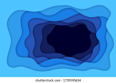 Paper underwater sea with waves and deep effect. Origami style marine background. Vector illustration.
