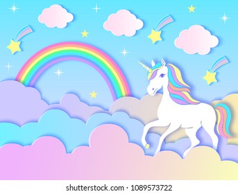 Paper unicorn, clouds,rainbow and stars on violet gradient background.Vector illustration.