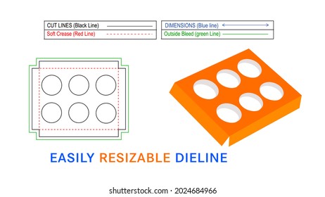 Paper Unique 6 hole insert box,  6 hole insert cupcake boxes Dieline template and 3D vector file