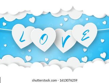 Paper valentine day festival love background and sweet hearts glittering vector design