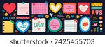 Paper valentine memo notes on stickers. Vector vintage sticky notes and pages with torn edges