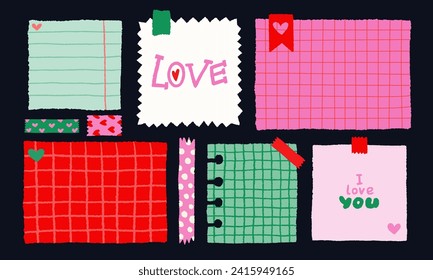 Paper valentine memo notes on stickers. Vector vintage sticky notes and pages with torn edges