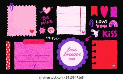 Paper valentine memo notes on stickers. Vector vintage sticky notes and pages with torn edges