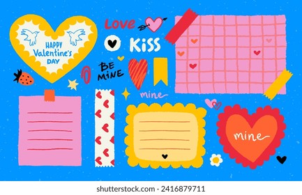 Paper valentine memo notes on stickers. Vector vintage sticky notes and pages with torn edges