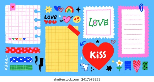 Paper valentine memo notes on stickers. Vector vintage sticky notes and pages with torn edges