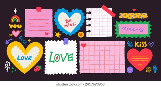 Paper valentine memo notes on stickers. Vector vintage sticky notes and pages with torn edges