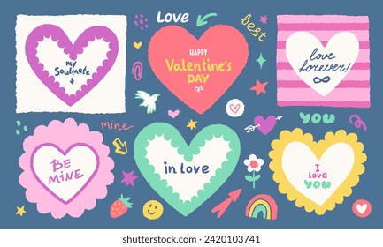 Paper valentine memo notes on stickers. Vector vintage sticky notes and pages with torn edges