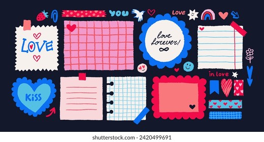 Notas de memo de San Valentín de papel sobre stickers. Notas adhesivas vectoriales y páginas con bordes rotos