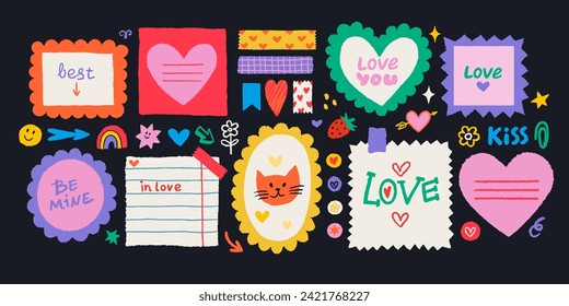 Paper valentine memo notes on stickers. Vector vintage sticky notes and pages with torn edges