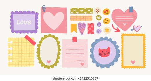 Notas de memo de San Valentín de papel sobre stickers. Notas adhesivas vectoriales y páginas con bordes rotos