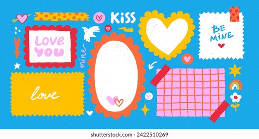 Paper valentine memo notes on stickers. Vector vintage sticky notes and pages with torn edges