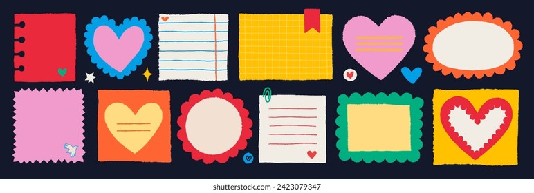 Paper valentine memo notes on stickers. Vector vintage sticky notes and pages with torn edges