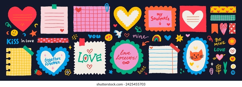 Paper valentine memo notes on stickers. Vector vintage sticky notes and pages with torn edges