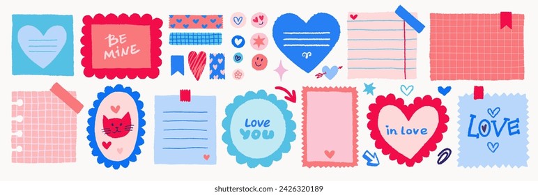 Notas de San Valentín de papel en pegatinas. Vector vintage notas adhesivas y páginas con bordes rasgados