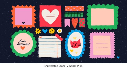 Notas de San Valentín de papel en pegatinas. Vector vintage notas adhesivas y páginas con bordes rasgados